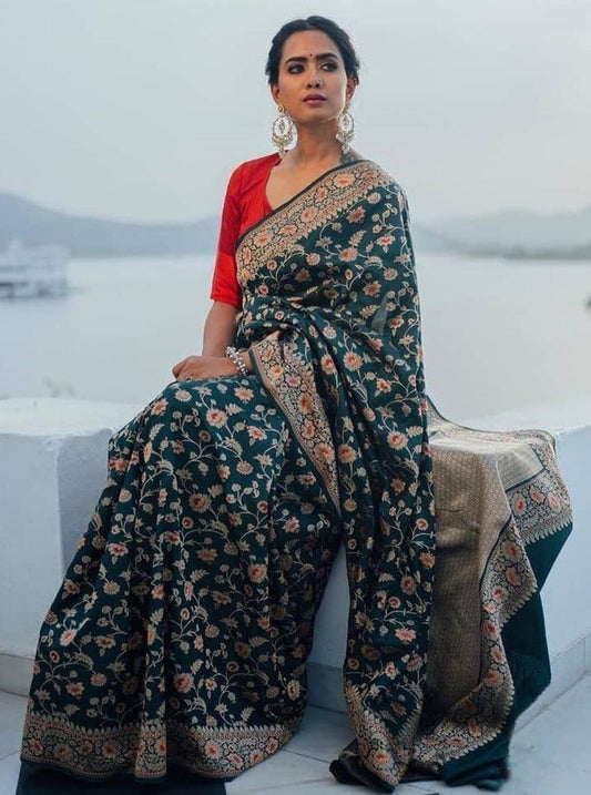 Dark green banari silk jacqard work saree