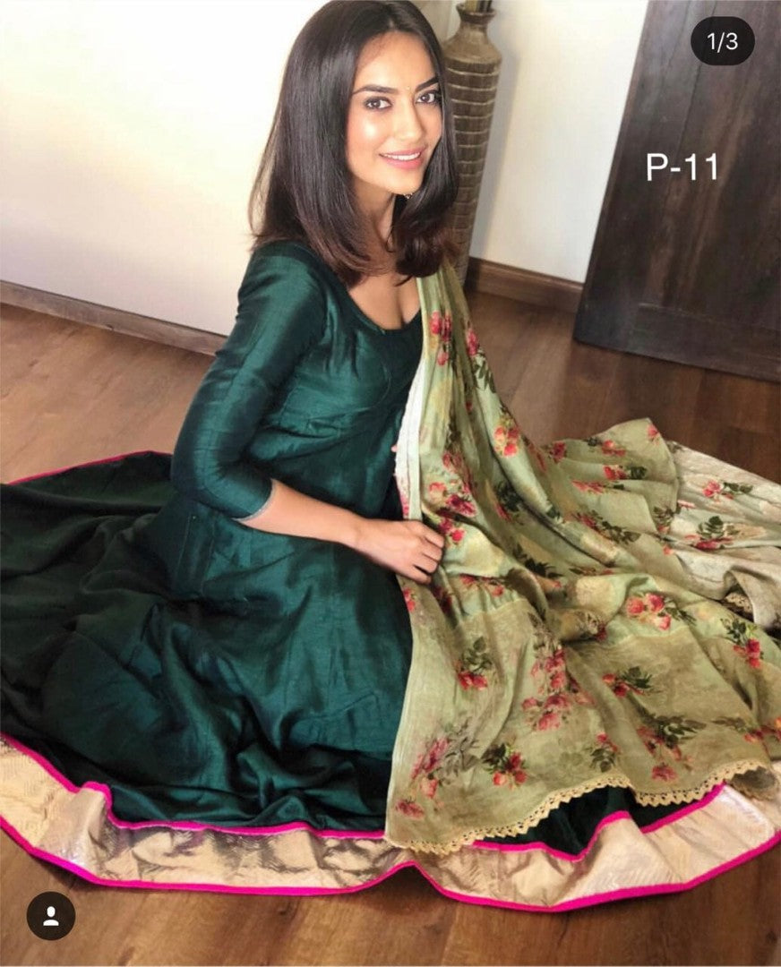 Dark green banglori silk plain anarkali suit