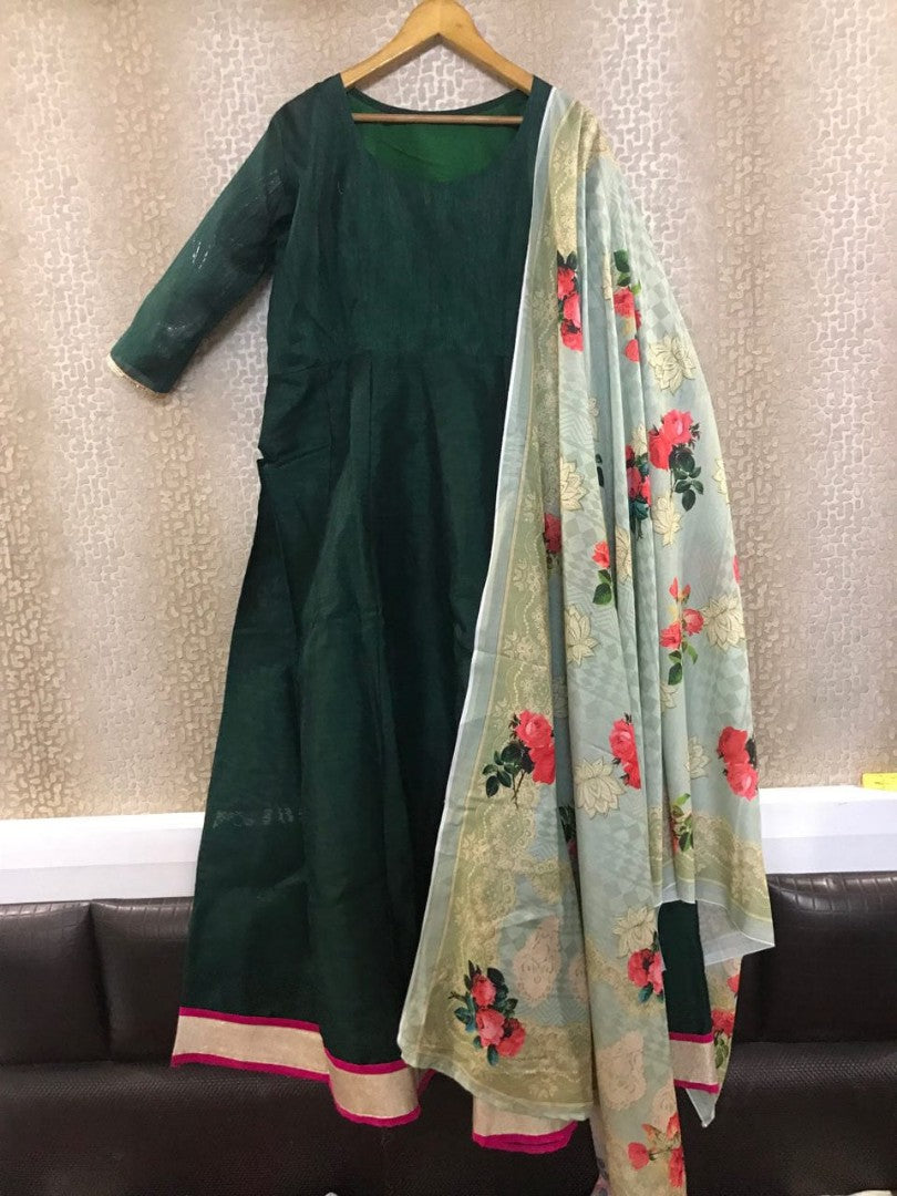 Dark green banglori silk plain anarkali suit