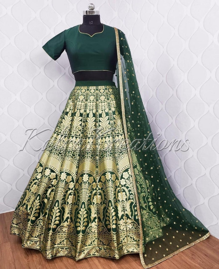 Dark green banglory satin gold printed Lehenga choli