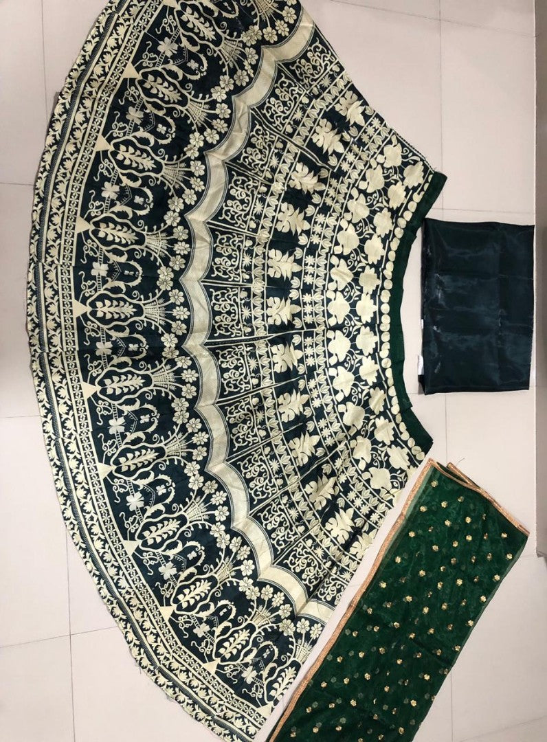 Dark green banglory satin gold printed Lehenga choli