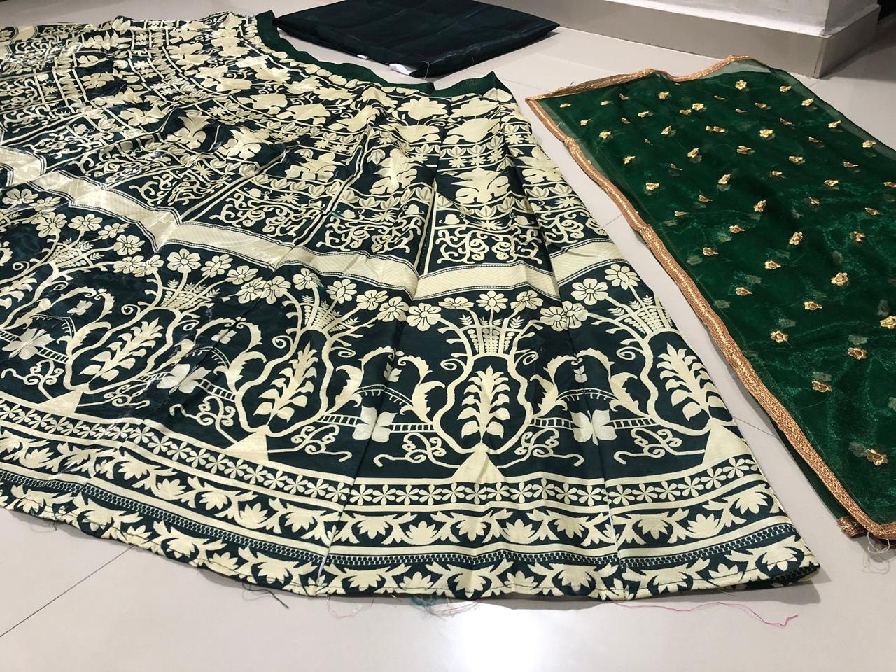 Dark green banglory satin gold printed Lehenga choli