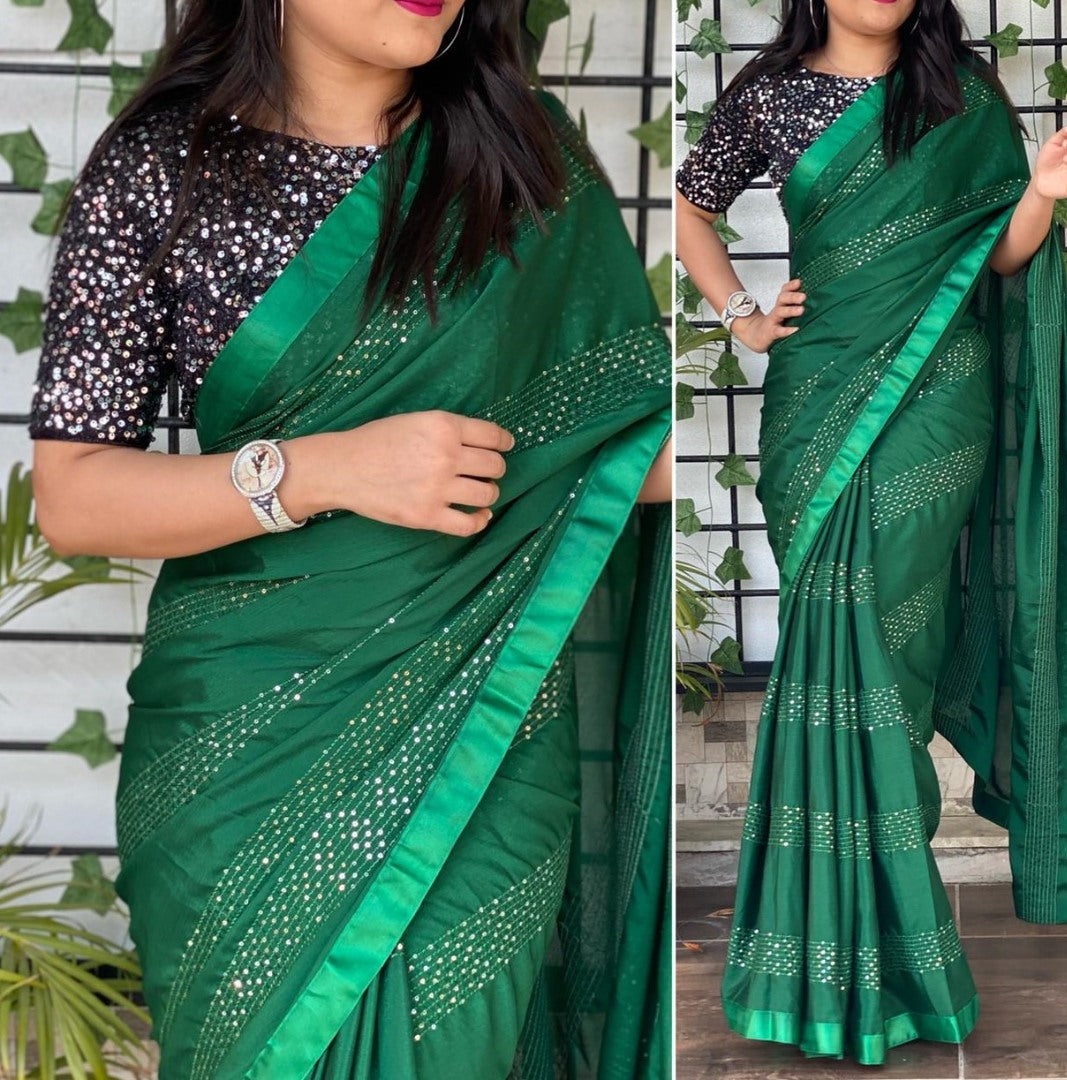 Dark green chinon silk sequence and thread work party wear saree