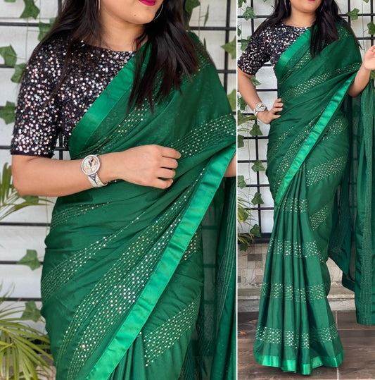 Dark green chinon silk sequence and thread work party wear saree