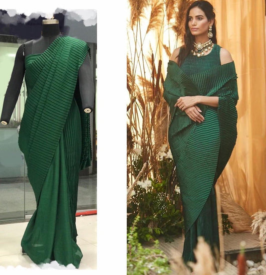 Dark green chinu pleating work party wear saree