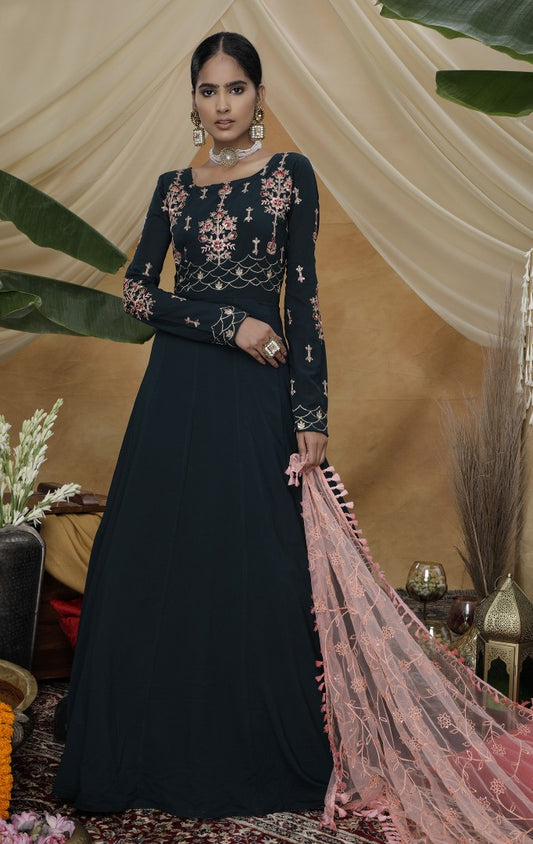 Dark green diamond georgette anarkali gown