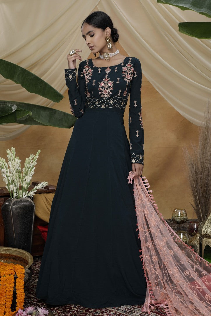 Dark green diamond georgette anarkali gown