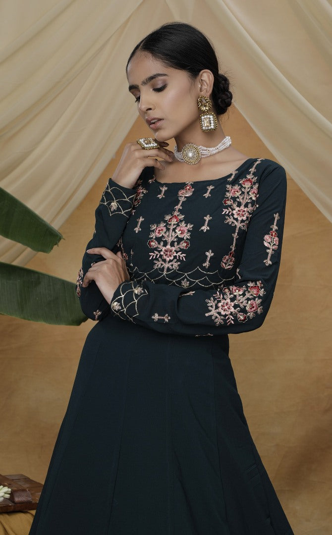 Dark green diamond georgette anarkali gown