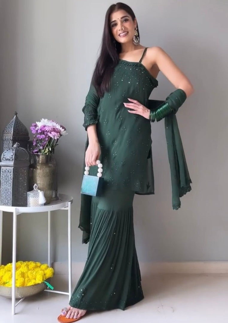 Dark green georgette chain stich embroidery work sharara suit