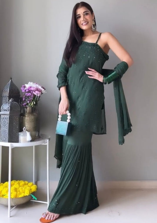 Dark green georgette chain stich embroidery work sharara suit