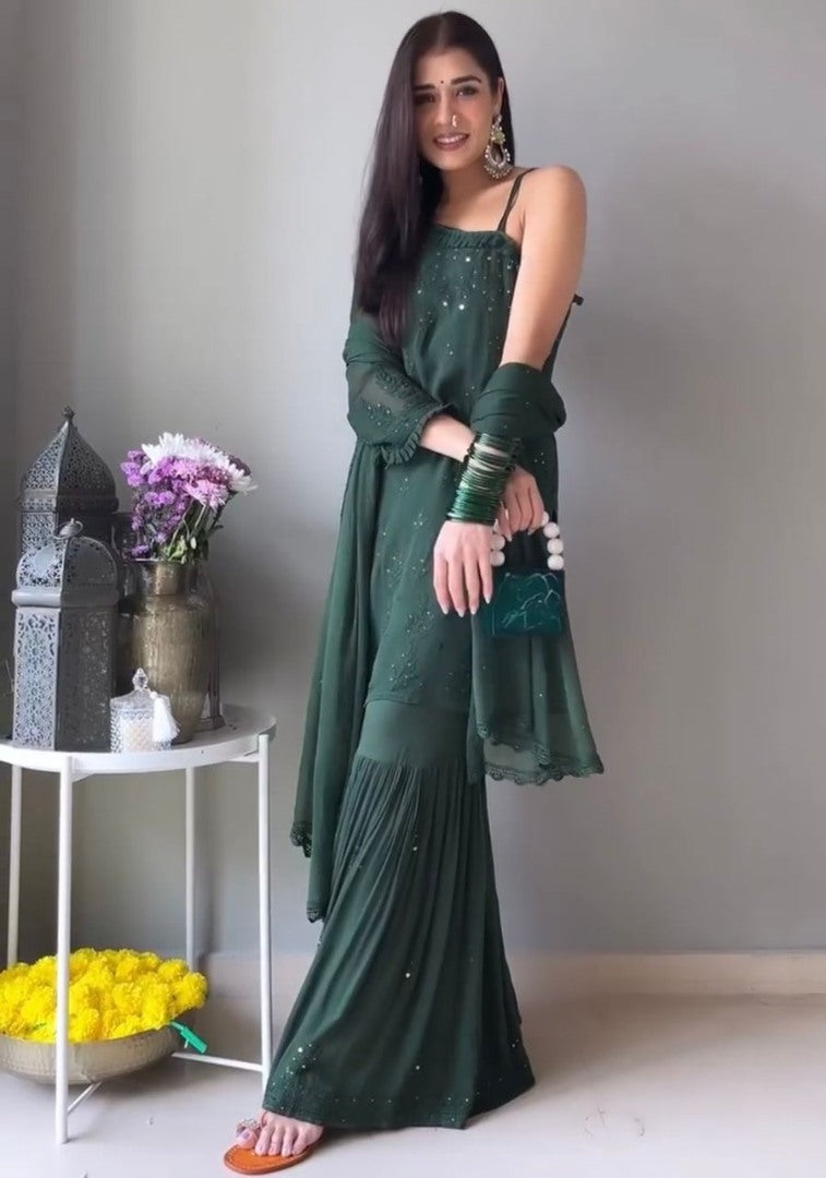 Dark green georgette chain stich embroidery work sharara suit