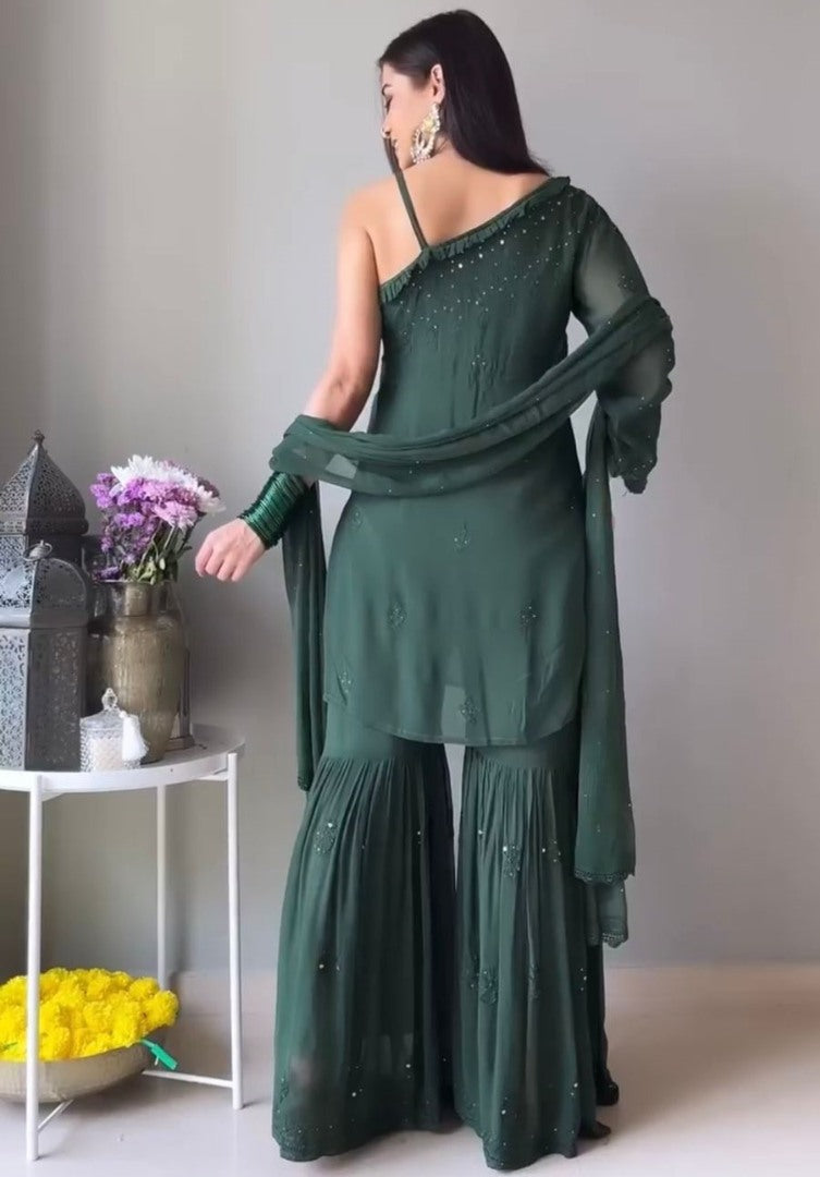 Dark green georgette chain stich embroidery work sharara suit