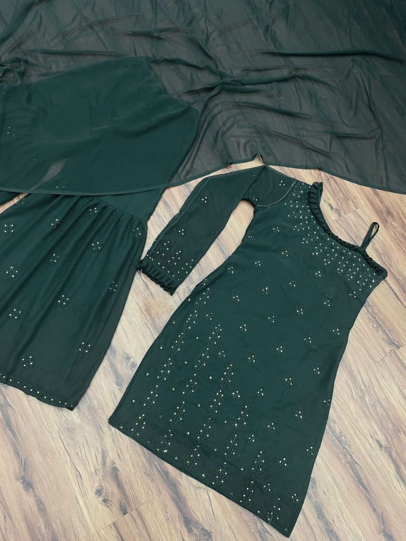 Dark green georgette chain stich embroidery work sharara suit