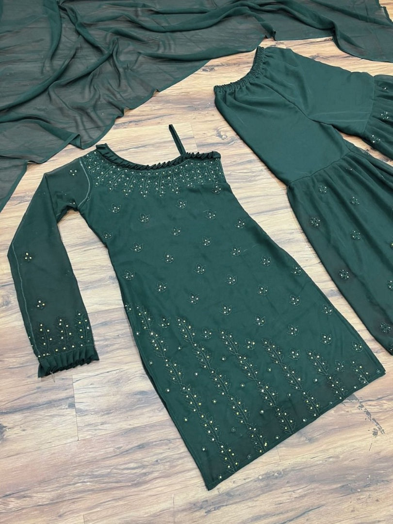 Dark green georgette chain stich embroidery work sharara suit