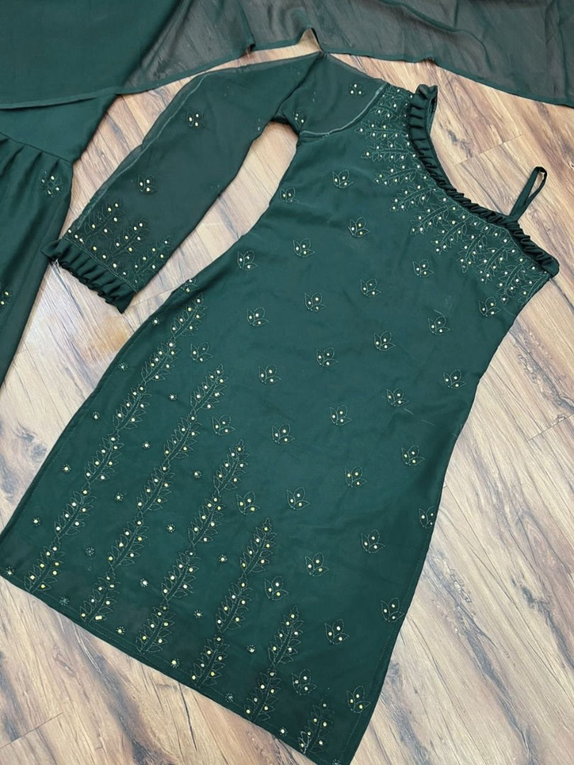 Dark green georgette chain stich embroidery work sharara suit