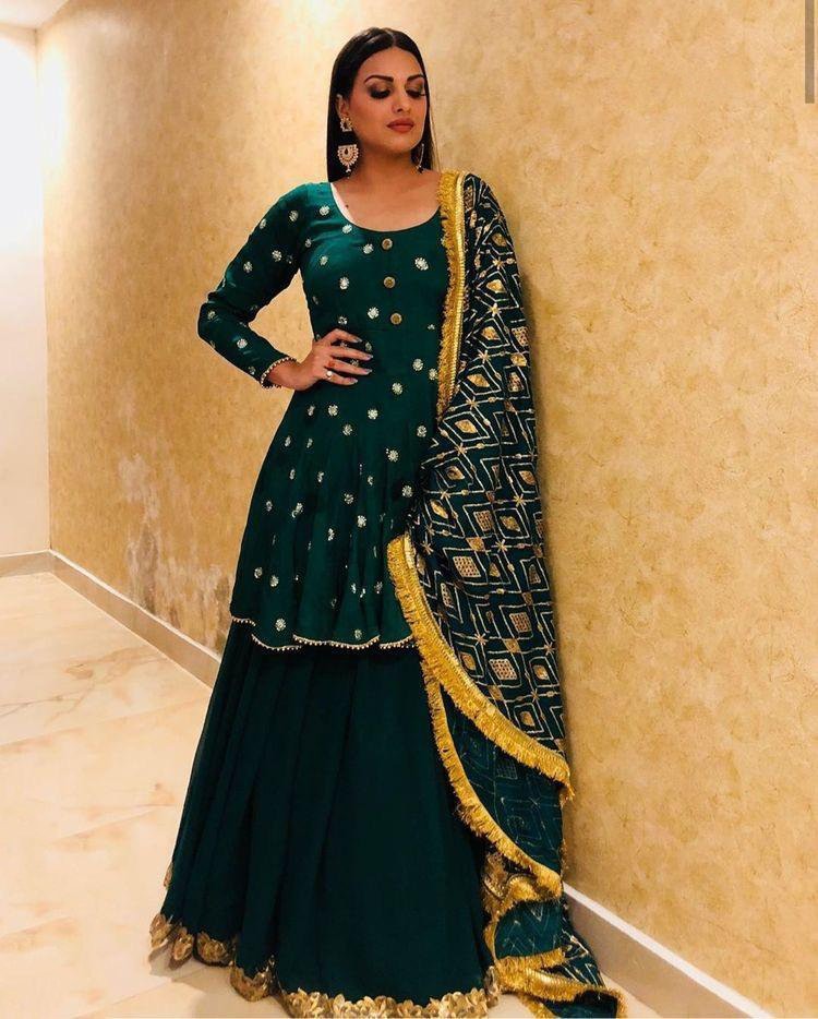 Dark green georgette embroidered designer lehenga with long top