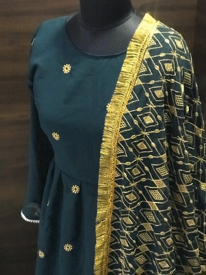 Dark green georgette embroidered designer lehenga with long top