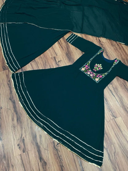 Dark green georgette embroidered lehenga suit