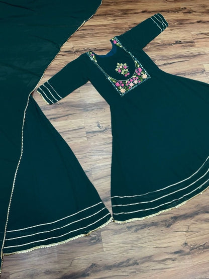 Dark green georgette embroidered lehenga suit