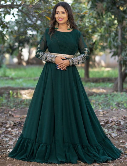 Dark green georgette embroidered party wear gown