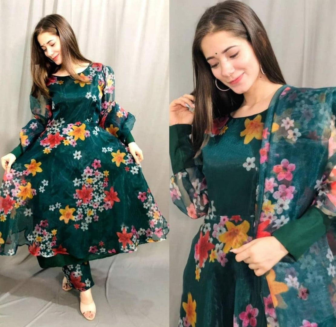 Dark green georgette embroidered salwar suit