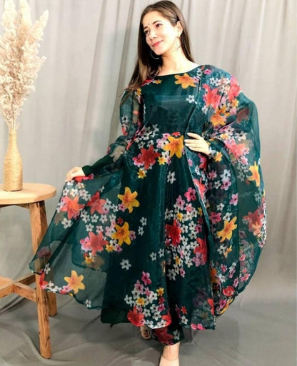 Dark green georgette embroidered salwar suit