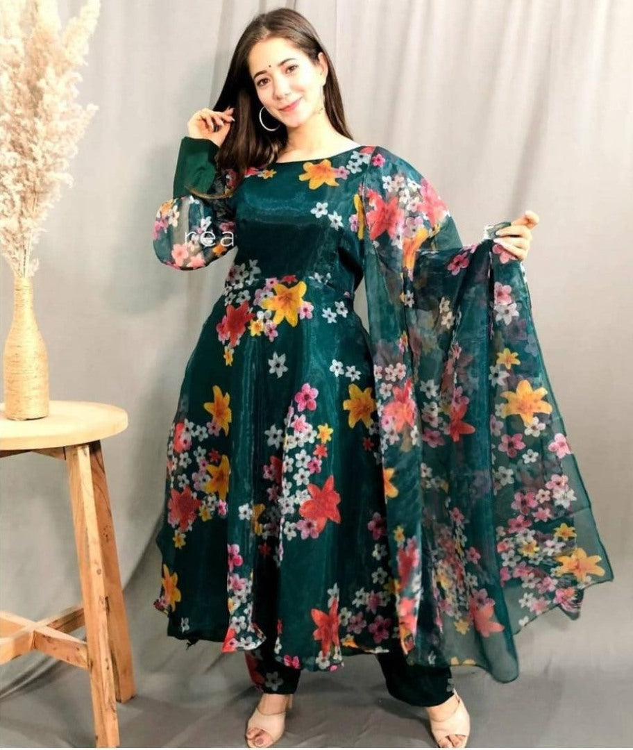 Dark green georgette embroidered salwar suit