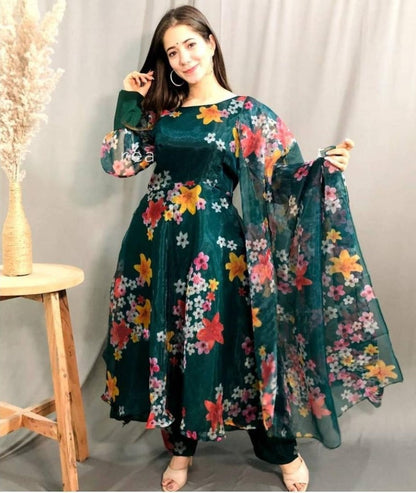 Dark green georgette embroidered salwar suit