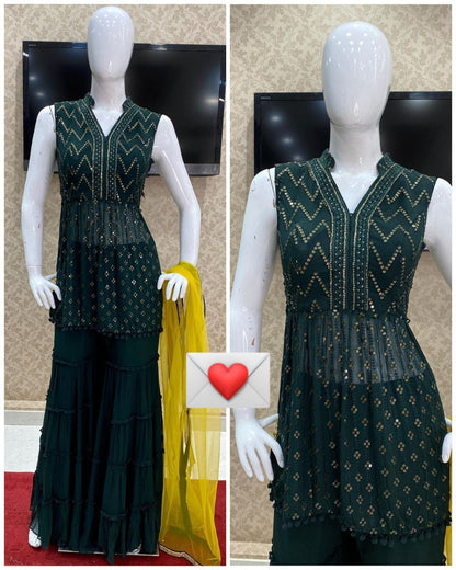 Dark green georgette embroidered sharara suit