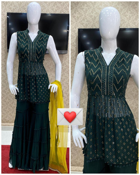 Dark green georgette embroidered sharara suit