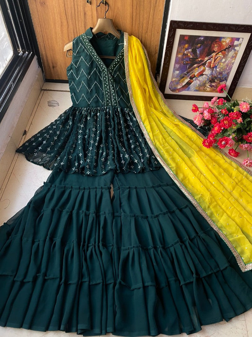 Dark green georgette embroidered sharara suit