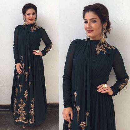 Dark green georgette embroidery work indowestern gown