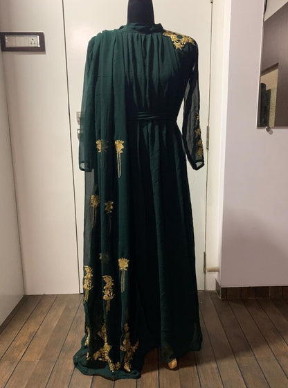 Dark green georgette embroidery work indowestern gown