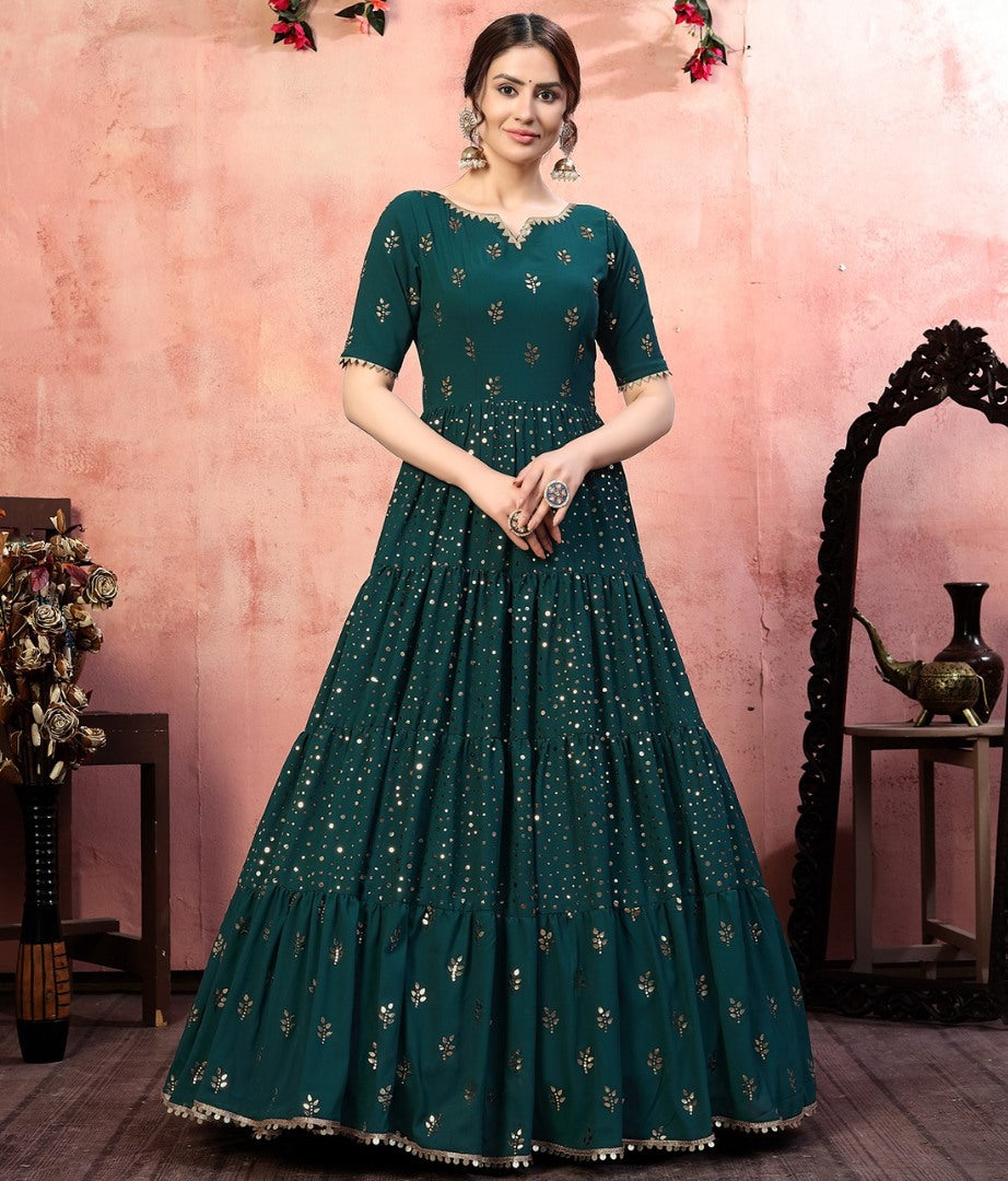 Dark green georgette golden sequence work party wear gown