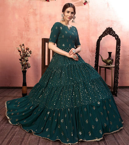 Dark green georgette golden sequence work party wear gown
