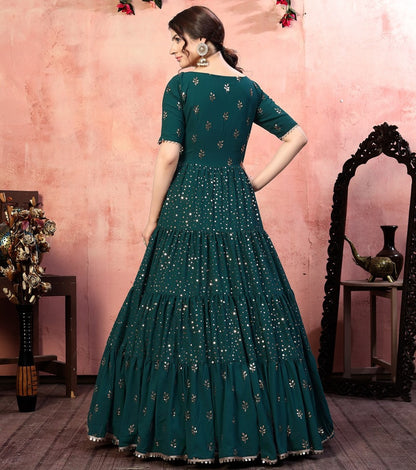 Dark green georgette golden sequence work party wear gown