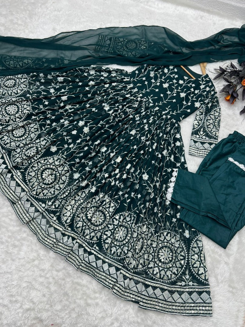 Dark green georgette heavy embroidered anarkali suit