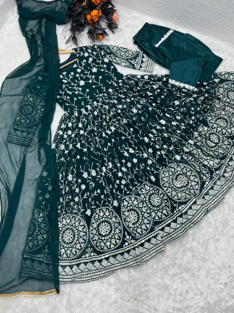 Dark green georgette heavy embroidered anarkali suit