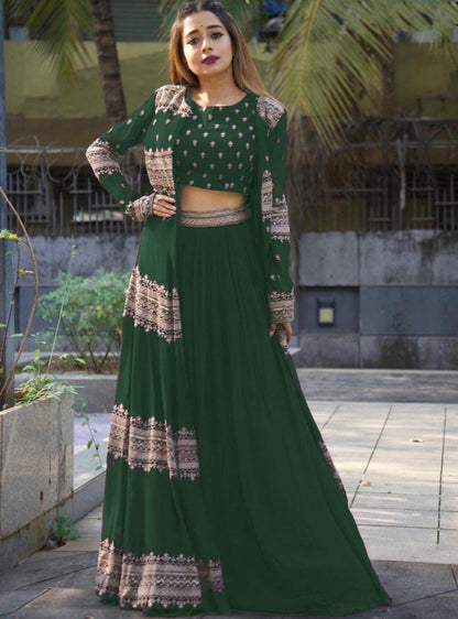 Dark green georgette heavy embroidered work lehenga choli with koti