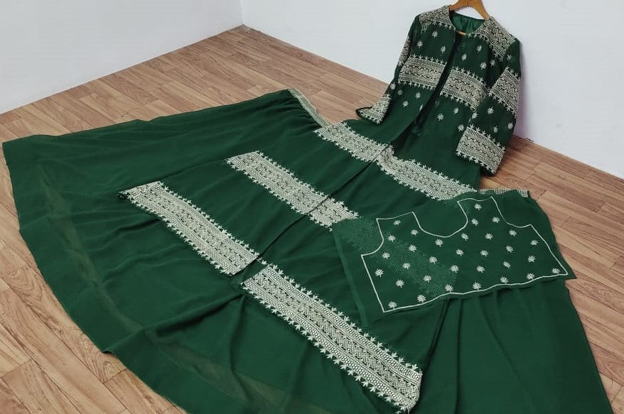 Dark green georgette heavy embroidered work lehenga choli with koti