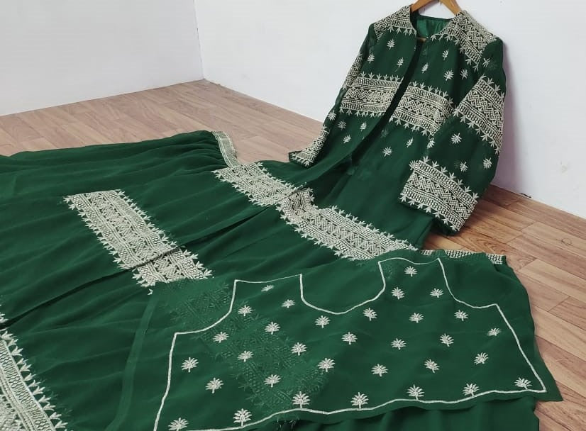 Dark green georgette heavy embroidered work lehenga choli with koti