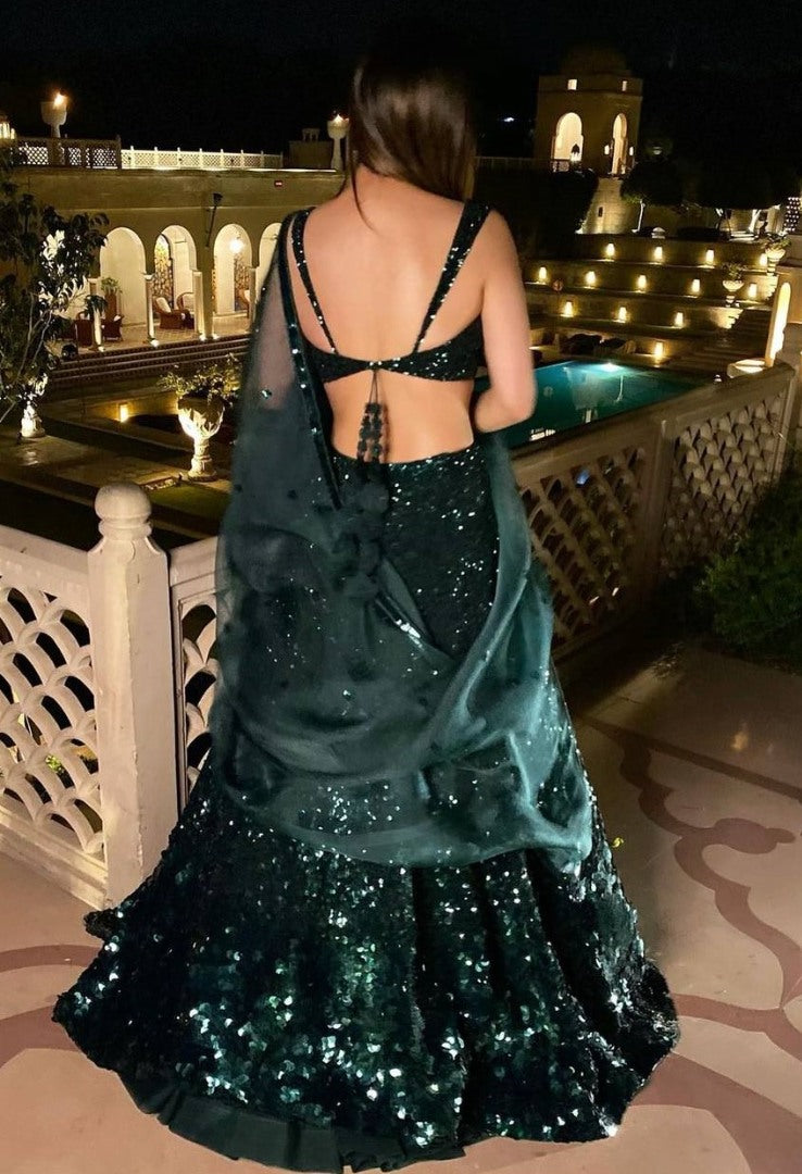 Dark green georgette heavy sequence work lehenga choli for function