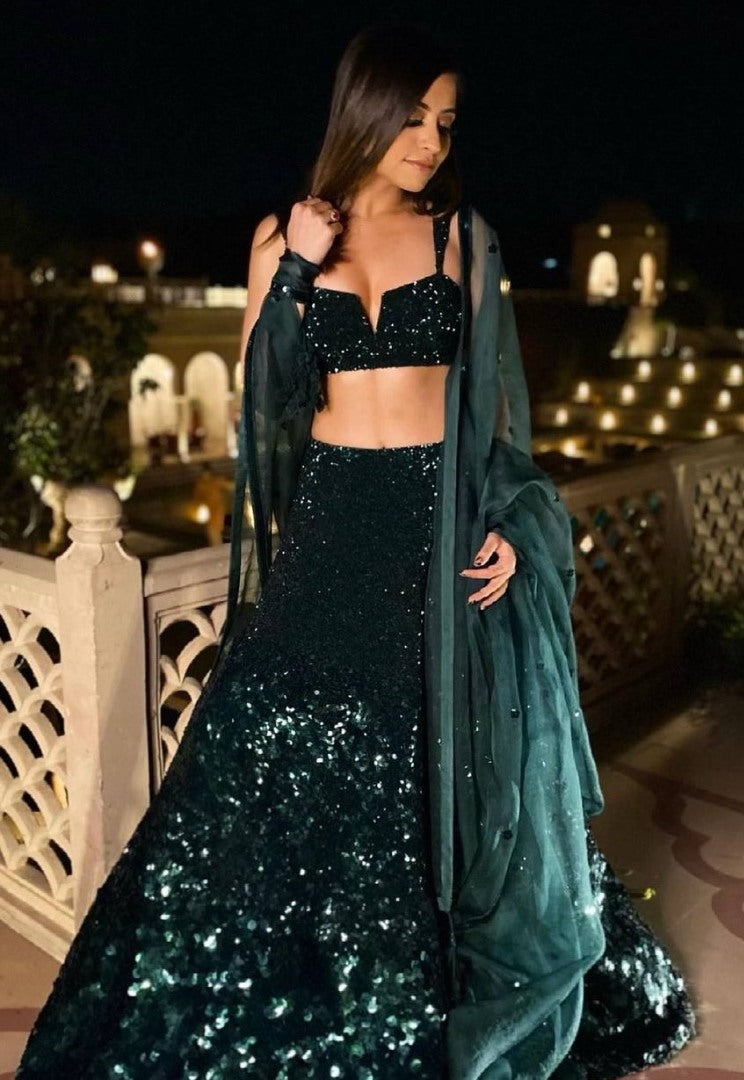 Dark green georgette heavy sequence work lehenga choli for function