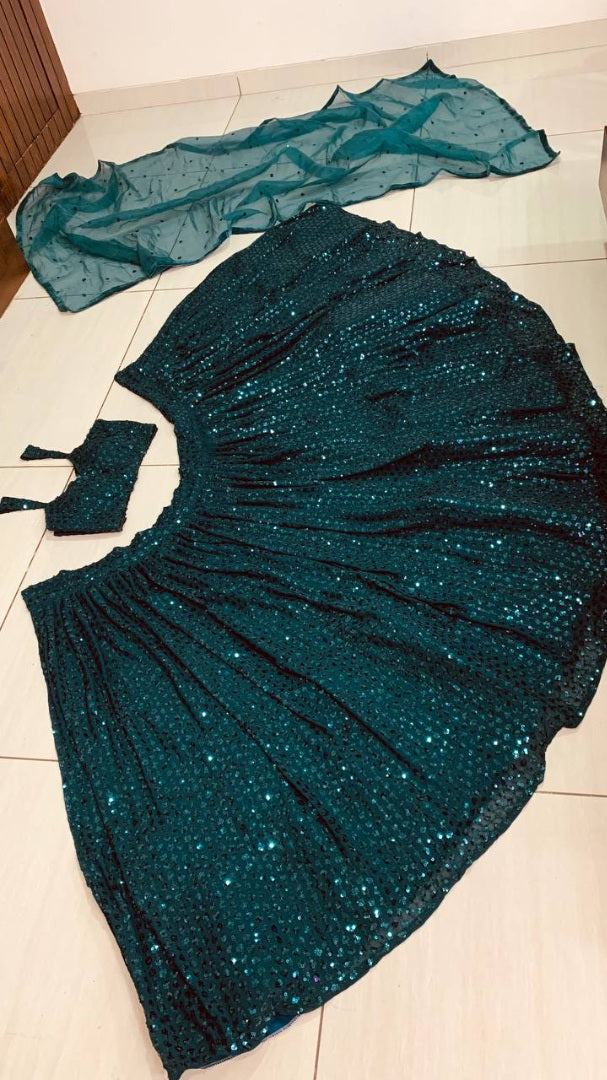 Dark green georgette heavy sequence work lehenga choli for function