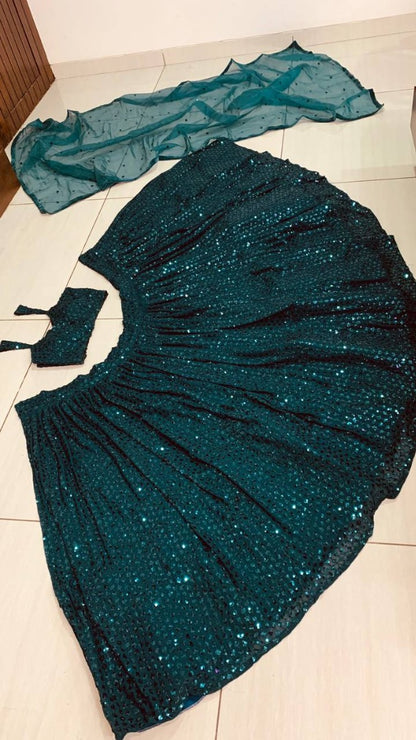 Dark green georgette heavy sequence work lehenga choli for function