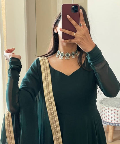 Dark green georgette long party wear anarkali ethnic gown