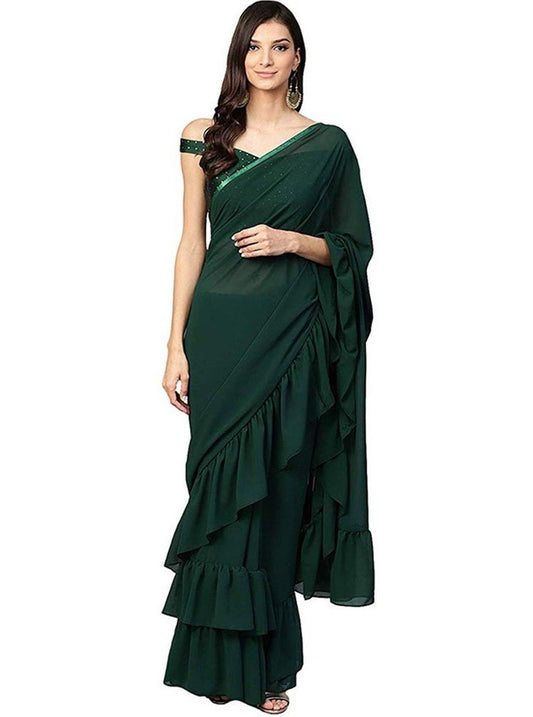 Dark green georgette pure ruffle saree