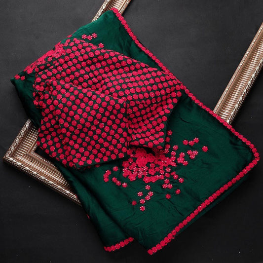 Dark green georgette red thread work partywear saree