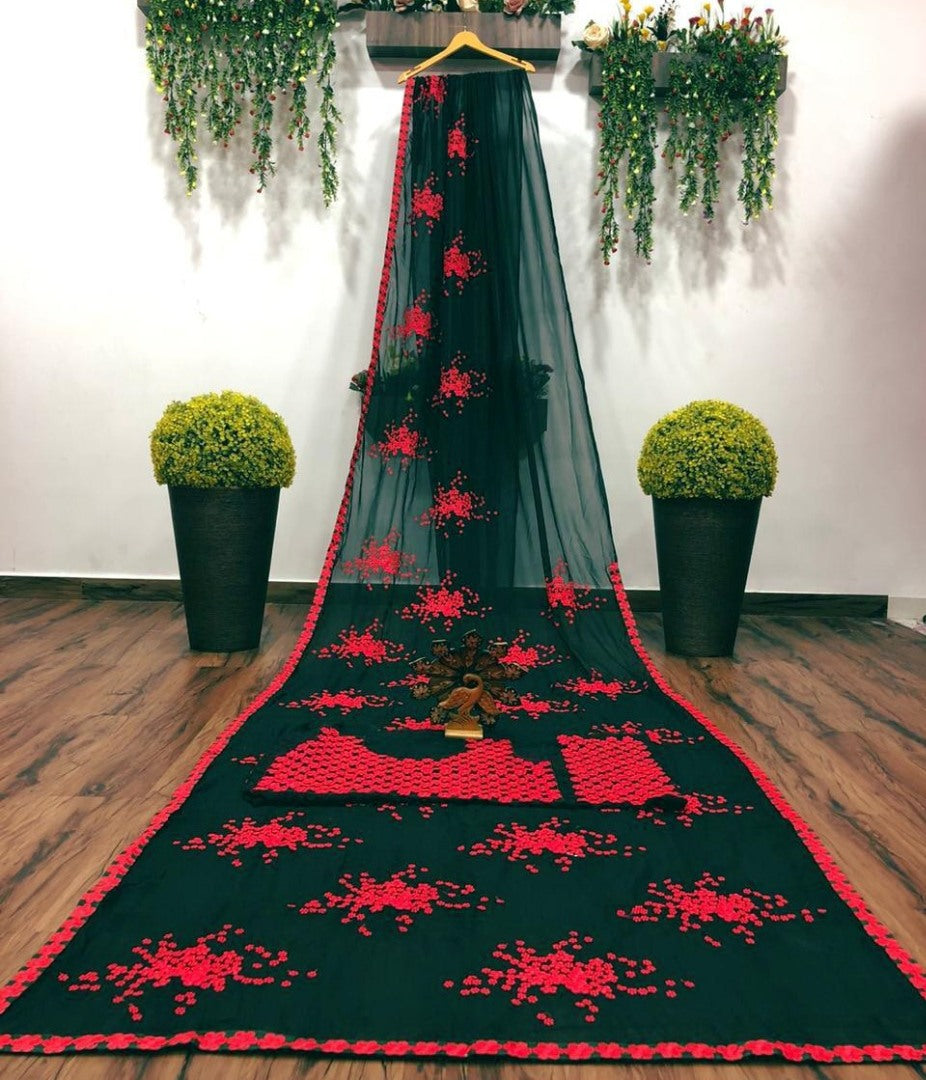 Dark green georgette red thread work partywear saree