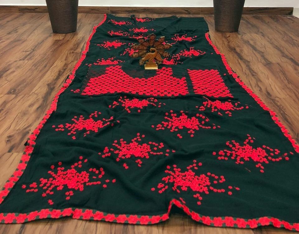 Dark green georgette red thread work partywear saree
